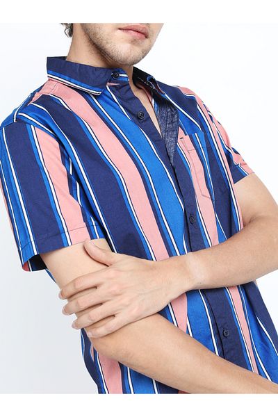 Highlander By Styli Striped Pocket Detail Slim Fit Shirt with Short Sleeves