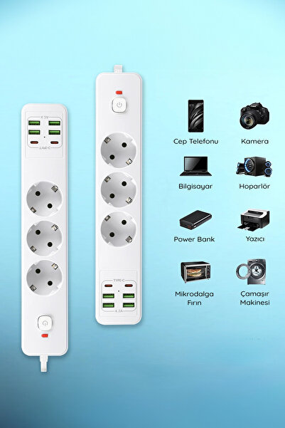 Soillium 4 Adet USB ve 2 Adet Type-C Girişli Uzatma Kablosu 3lü Grup Priz %100 Bakır 2.0 Metre Akım Korumalı