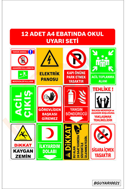 bizerk görsel Okul Uyarı Seti 12 Adet A4 ebatında İSG Uyarı ve  İkaz Levhası ...