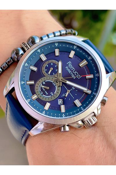 Ferrucci Leather Cord Steel Case Function Men's Wristwatch + Bracelet with Gift