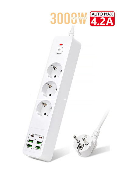 Soillium 2.0 Metre Akım Korumalı 3 Lü Grup Priz 100% Bakır 750 Joule 4 USB + ...