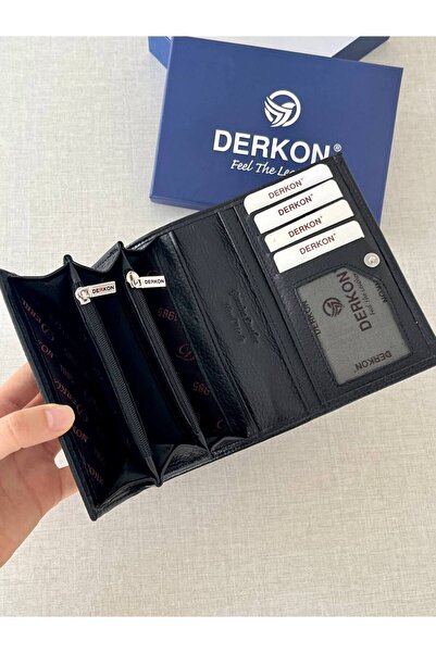 DERKON Mendy Model Useful Genuine Leather Medium Size Women's Wallet Black Color