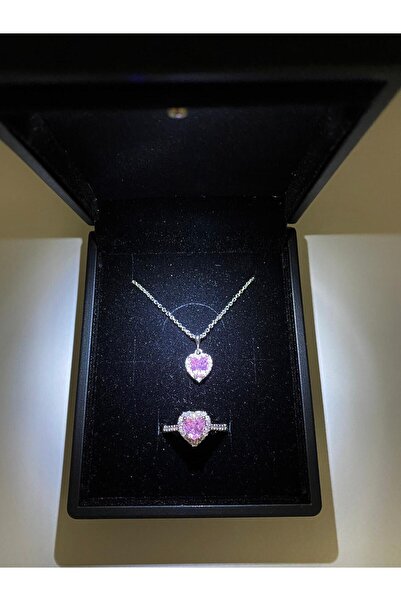 DMR Accessoire Işıklı kutuda kalp kolye ayarlanabilir yüzük seti