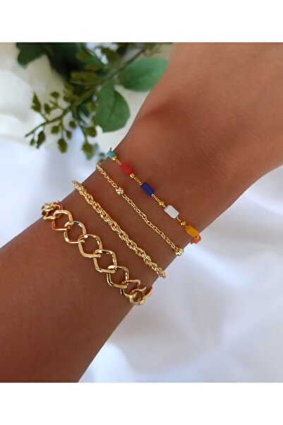 DENİZDENAL Kadın Gold Kaplama Colourful Taş Bileklik 4 Adet