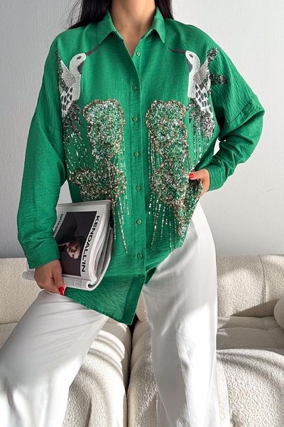 FURKAN EXCLUSIVE Benetton Green Oversize Shirt - Bird Pattern and Sequin Embroidery