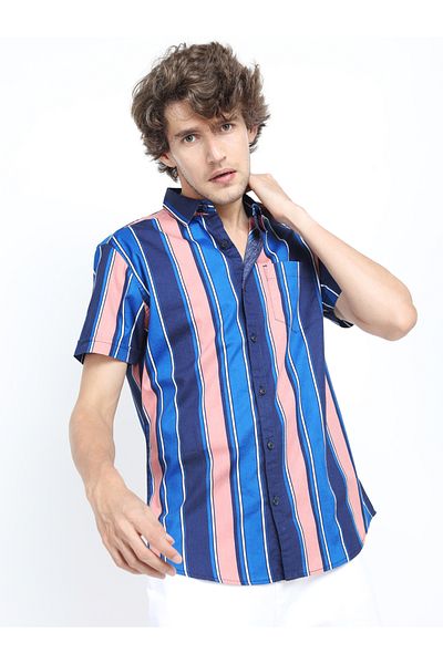 Highlander By Styli Striped Pocket Detail Slim Fit Shirt with Short Sleeves