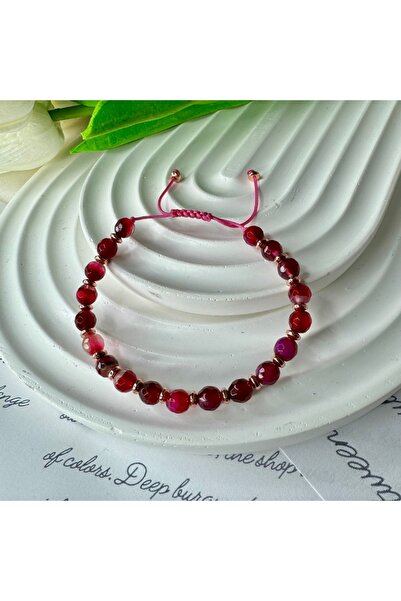 Elifsu Jewelry أساور قابلة للتعديل بتصميم مفصل من حجر العقيق الوردي