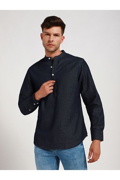 Dennis Lingo By Styli Mandarin Collar Casual Shirt with Roll-Up Sleeve