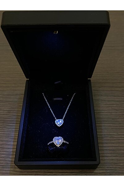 DMR Accessoire Işıklı kutuda kalp kolye ayarlanabilir yüzük seti sevgililer günü,doğum günü hediyesi