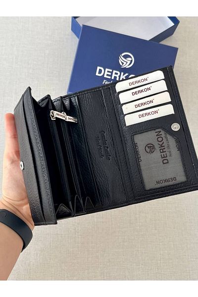 DERKON Mendy Model Useful Genuine Leather Medium Size Women's Wallet Black Color