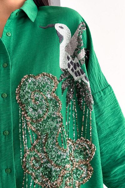 FURKAN EXCLUSIVE Benetton Green Oversize Shirt - Bird Pattern and Sequin Embroidery
