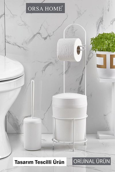 ORSA HOME Λευκός στρογγυλός κάδος WC Χαρτοθήκη και Σετ βούρτσας τουαλέτας 390