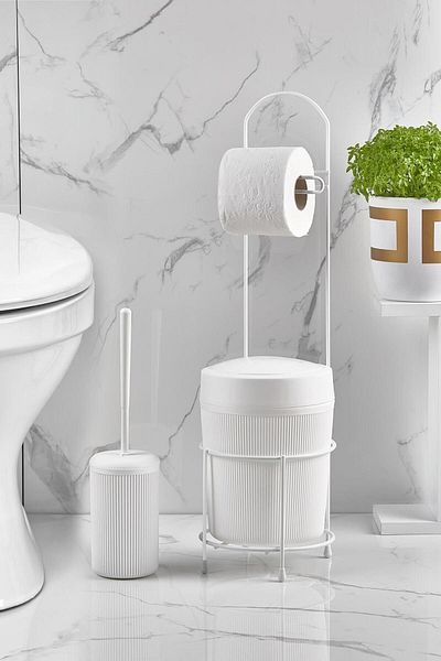 ORSA HOME Λευκός στρογγυλός κάδος WC Χαρτοθήκη και Σετ βούρτσας τουαλέτας 390