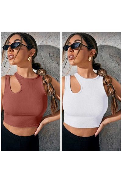 charango Shoulder Detailed Cutout Sleeveless Crop Top - Pack of 2 Women's Blouse