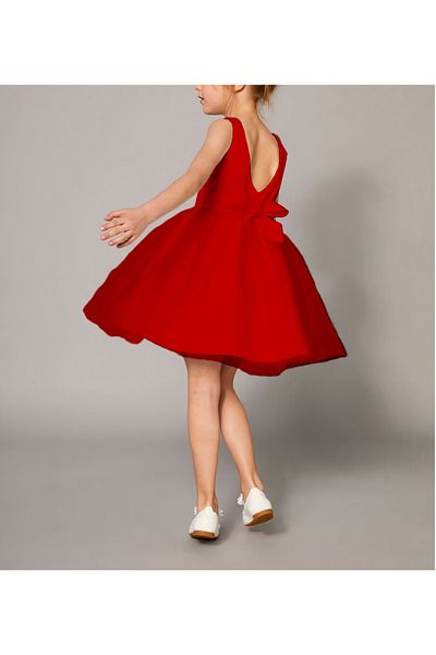 nsmkidslife Red Satin Stylish Plain Graduation and Birthday Flower Pattern Girl Dress