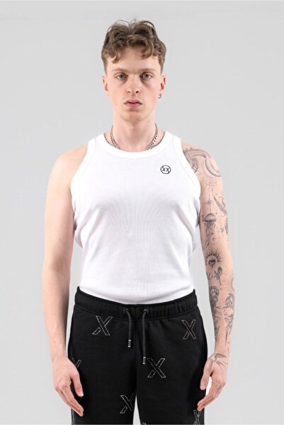 XX DATES Fitilli Atlet Slim Erkek Tank Top Beyaz Pamuklu Premium Tanktop