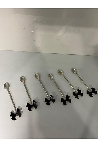 elif aksesuar Set of 6 Black Butterfly Patterned Metal Teaspoons