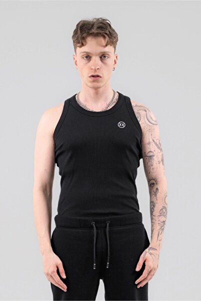 Fitilli Atlet Slim Erkek Tank Top Siyah Pamuklu Premium Tanktop