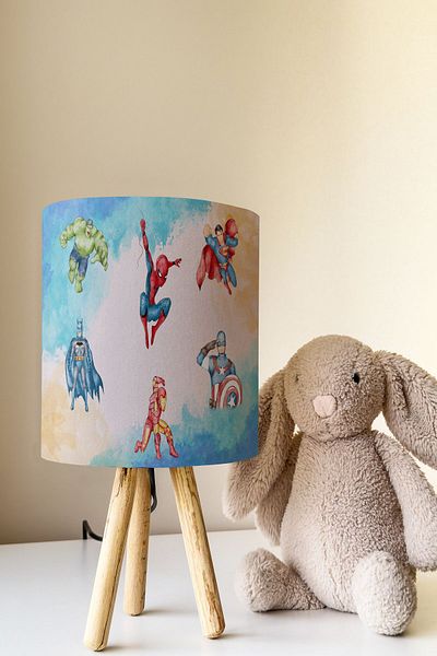 Talia Home Marvel Patterned Super Heroes Children's Room Lampshade Table Lamp - Tlab-315