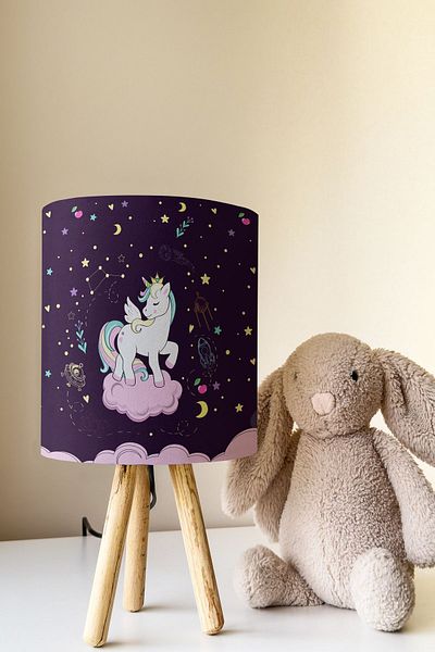 Talia Home Unicorn Patterned Purple Children's Room Lampshade Table - Tlab-078