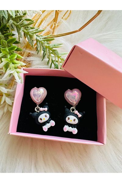 1PARÇAMAVİ Kuromi Children's Earrings - Transparent, Invisible Clip and No Hole