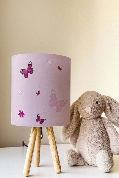 Talia Home Pink Butterfly Patterned Children's Room - Lampshade Table Lamp Tlab-206