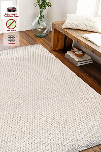 Mis Kilim Çakıl Kaydırmaz Saçaklı Krem Pamuk Dokuma Dekoratif Salon & Mutfak ...