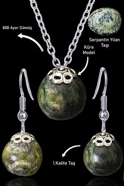 Tesbih Atölyesi Serpentine Snake Stone Necklace and Earring Set with Certified Silver Apparatus