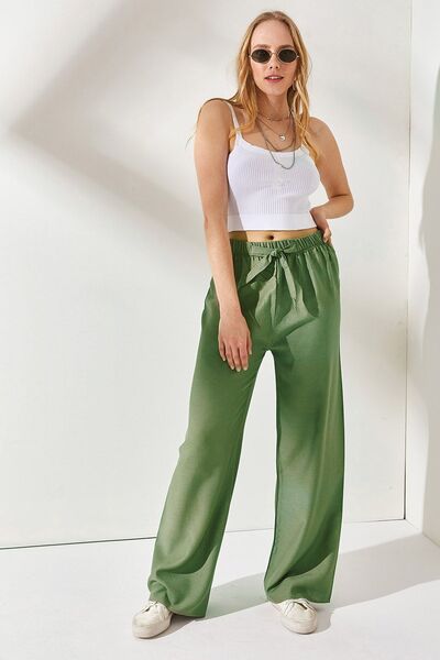 Olalook Kadın Haki Beli Lastikli Bağcıklı Palazzo Keten Pantolon PNT-19000219