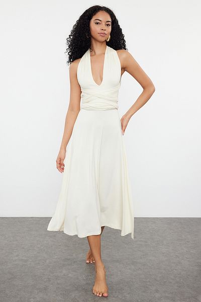 Trendyol Collection Kötött Ecru Midi strandruha - fűzős, TBESS24EL00162