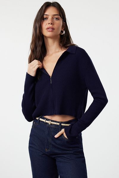 Trendyol Collection Sötétkék Crop cipzáras kötöttáru kardigán TWOAW21HI0154