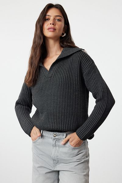 Trendyol Collection Turndown Collar Anthracite Knitwear Sweater - TWOAW25KZ00004