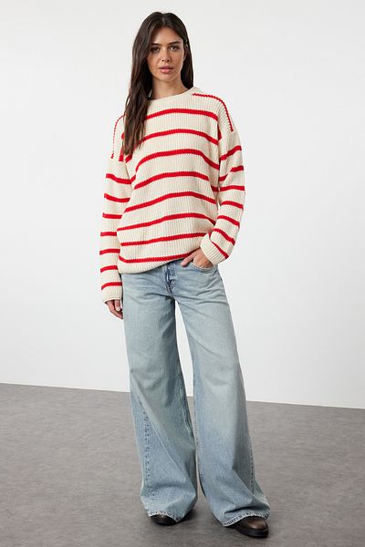 Trendyol Collection Wide Fit Cream Striped Knitwear Sweater - Twoaw23Kz00720