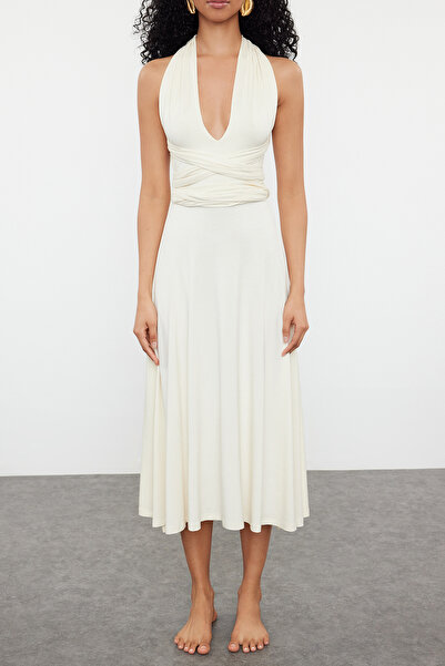 Trendyol Collection Beach Wear Ecru Midi Knitted Tie Dress Tbess24El00162