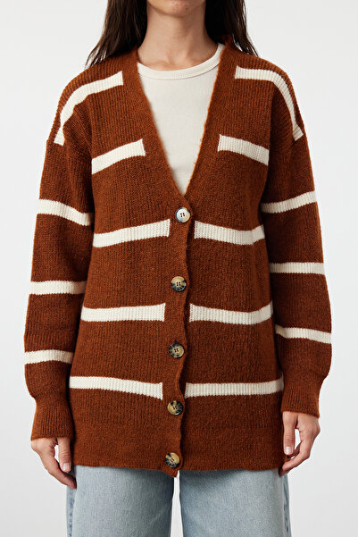 Trendyol Collection Wide Fit Soft Textured Striped Knitwear Cardigan - Brown TWOAW23HI00191