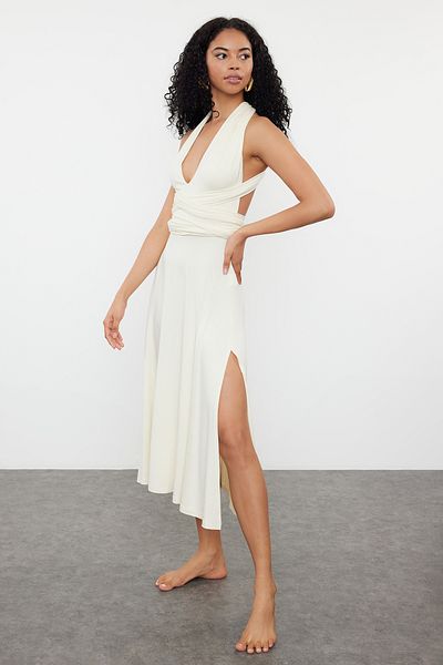 Trendyol Collection Kötött Ecru Midi strandruha - fűzős, TBESS24EL00162