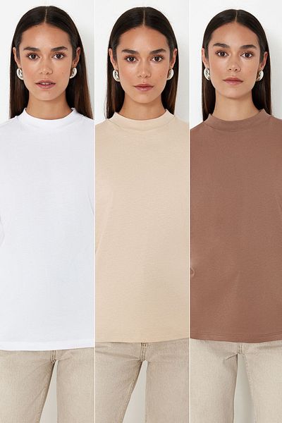 Trendyol Collection Bílo-vícebarevné 3 balení Bavlna Regular/Regular Fit Stojací límec Pletené tričko TWOSS24TS00253