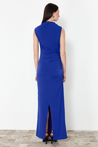 Trendyol Collection Saks Draped Fitted/Fitted Stand-up Collar Sleeveless Flexible Knitted Maxi Pencil Dress TWOSS24EL00830