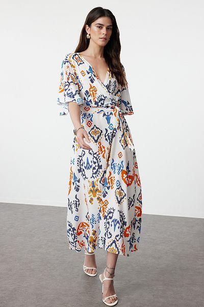 Trendyol Collection Multicolor Ethnic Belted Patterned A-line Double-breasted Collar Woven Dress TWOSS24EL01046