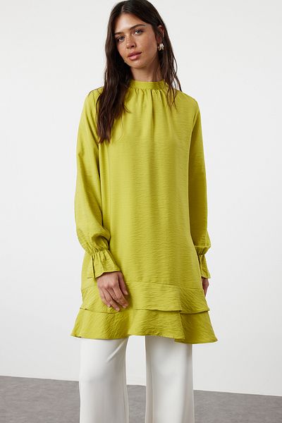 Trendyol Modest Ölgrüne Viskose-Tunika - Rüschenrock TCTSS24UK00042