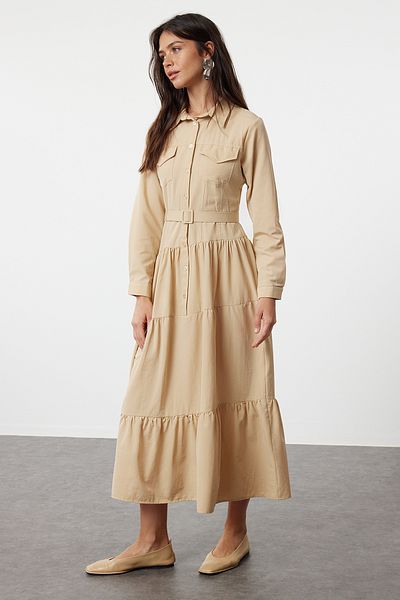 Trendyol Modest Βαμβακερό Μπεζ Πουκάμισο Φόρεμα - Ζώνη, Υφαντό TCTSS24EB00254