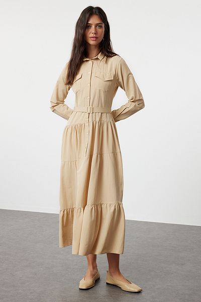 Trendyol Modest Βαμβακερό Μπεζ Πουκάμισο Φόρεμα - Ζώνη, Υφαντό TCTSS24EB00254