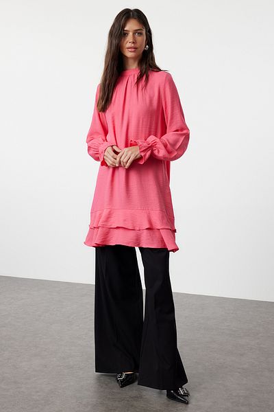 Trendyol Modest Fuchsiová viskózová tunika – volánová sukně, TCTSS24UK00042