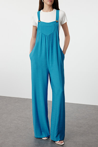 Trendyol Collection Indigo Maxi Linen Jumpsuit - Wide Leg, Woven, TWOSS21TU0090