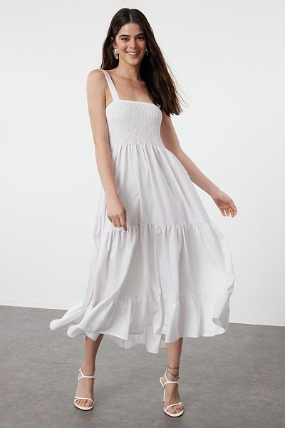 Trendyol Collection Λευκό MAxi υφαντό φόρεμα - σε γραμμή Α, ελαστικό, τετράγωνο γιακά, φόδρα TWOSS24EL01052