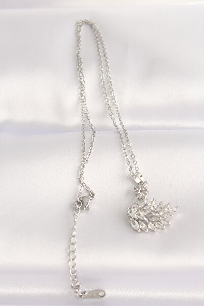 Clariss Silver Color Zircon Stone Swan Figure Necklace (316L Steel Chain)