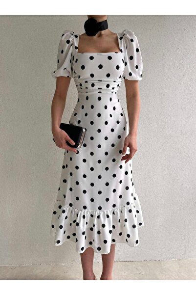 Afiş Butik Beyaz Puantiyeli Drapeli Kare Yaka Uzun Elbise
