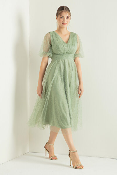 Lafaba Dámské mátově zelené stříbřité večerní šaty s balonovým rukávem