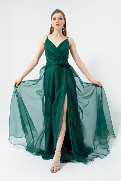 Lafaba Γυναικείο Σμαραγδένιο Πράσινο Διπλό Φόρεμα με Ζώνη Λαιμού Μακρύ Ασημένιο Βραδινό Φόρεμα