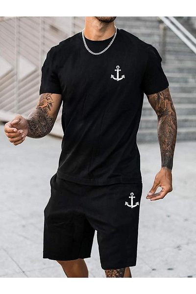 modaberry Anchor Pattern Logo T-Shirt Shorts - Black Shorts T-Shirt Top and Bottom Set Printed Crew Neck